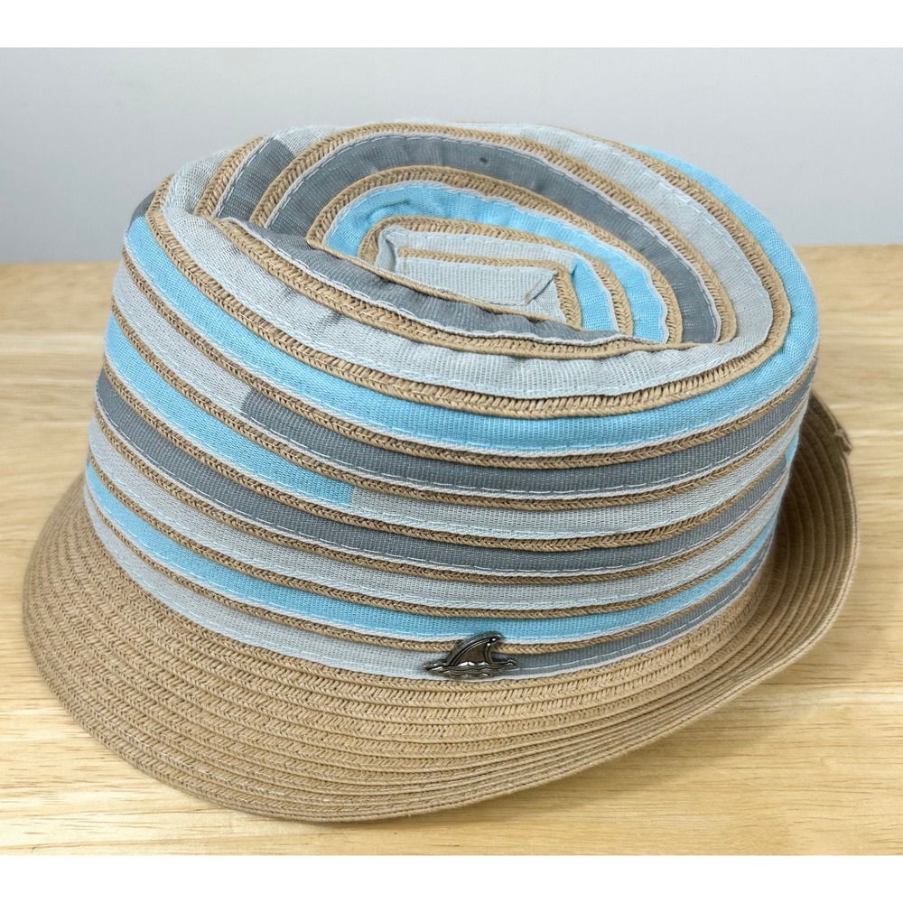 Landshark Margaritaville Fedora Hat Mens Tan Blue Stripe Toyo Straw Summer Beach